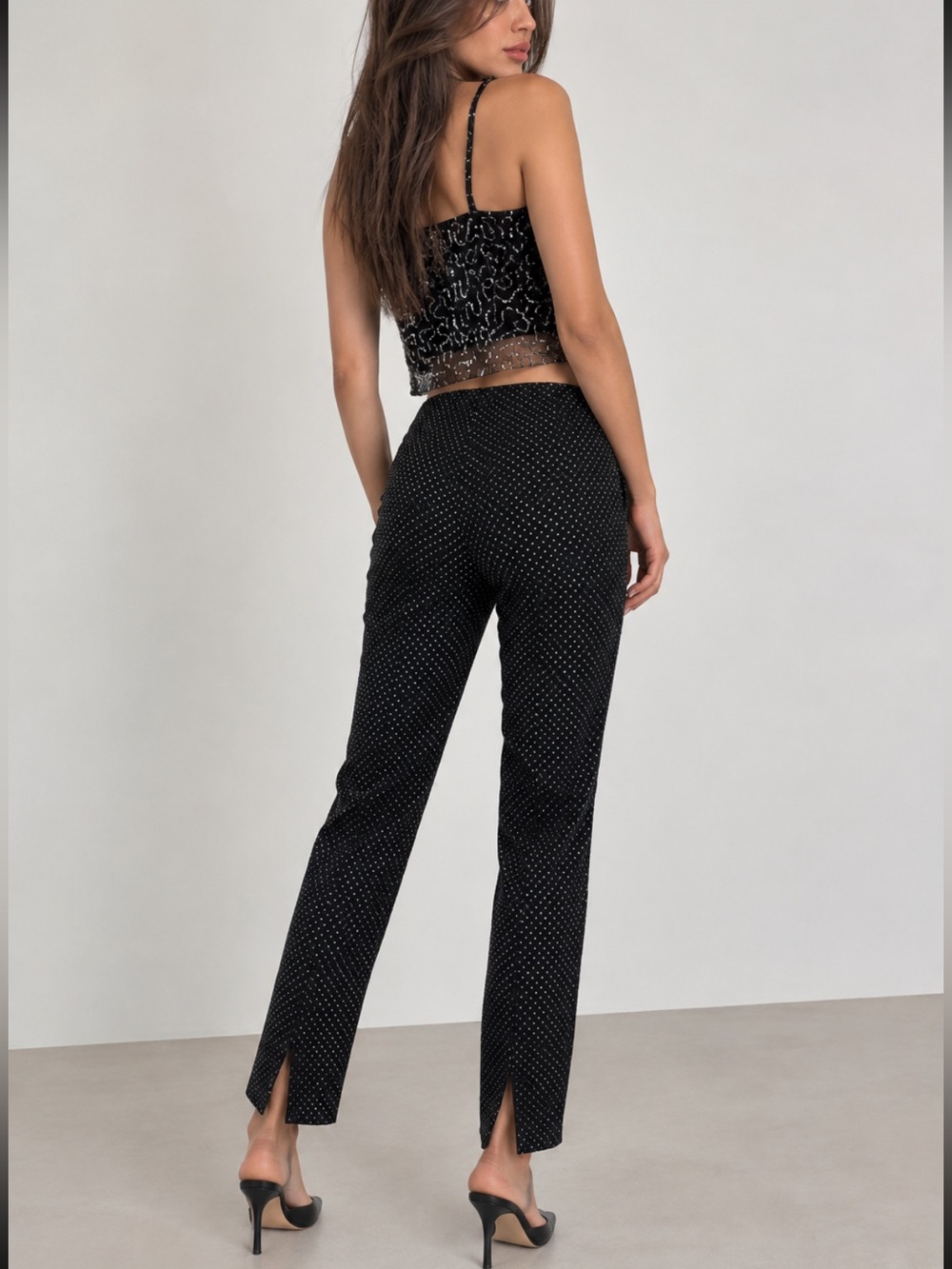 Beautiful Silver Shimmering Polka Micro Dot Dressy Black Pull on Slim Ankle Pant